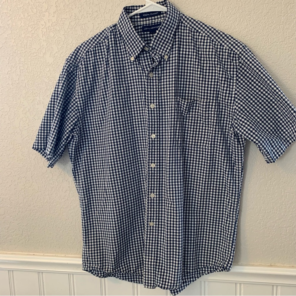 John Ashford 100%Cotton, gingham checker, short sleeve, button down top shirt